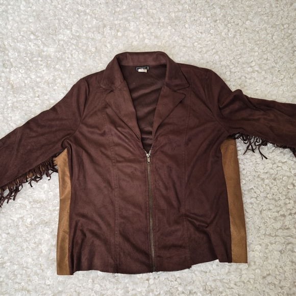 Vintage Vixen Brown Faux Suede Fringe Western Zip Jacket L Cowgirl Boho Fedtival - Picture 9 of 10